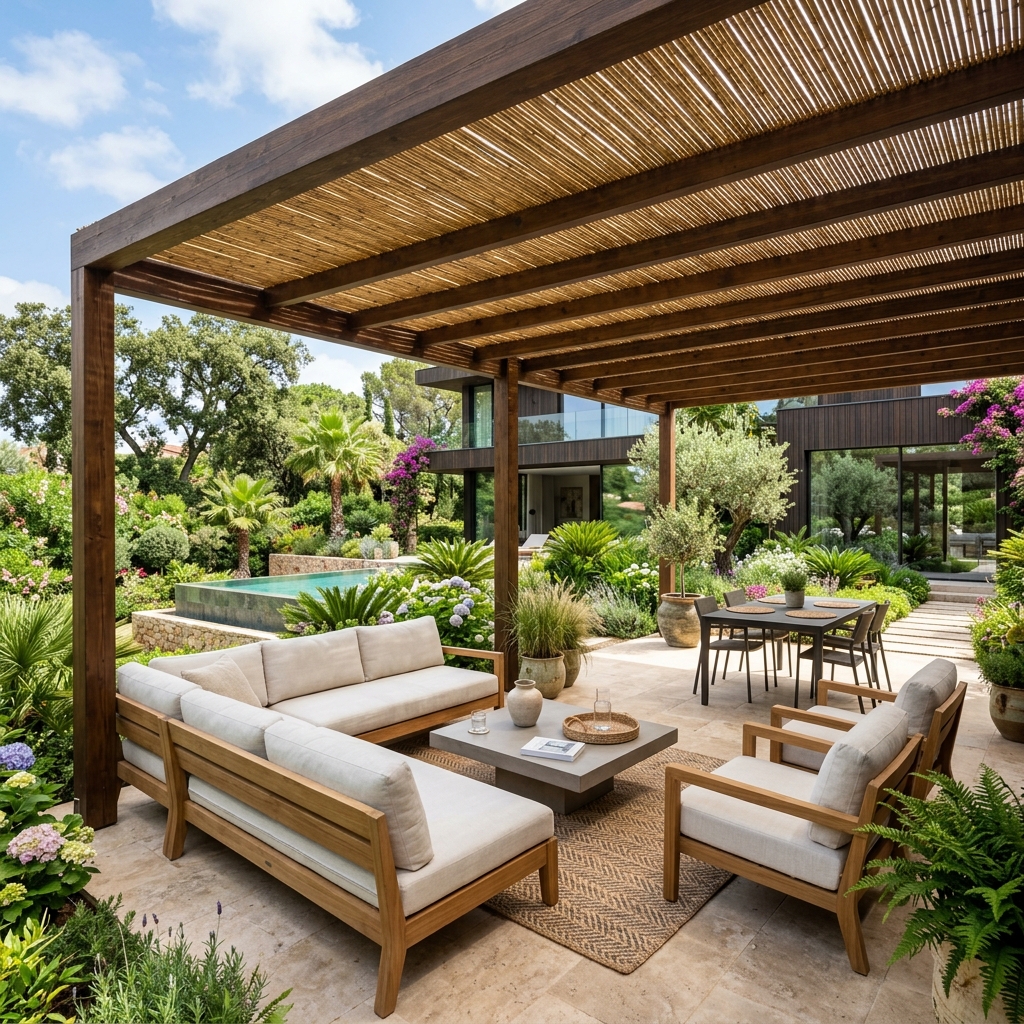 Pergolado decorado com esteira de bambu natural